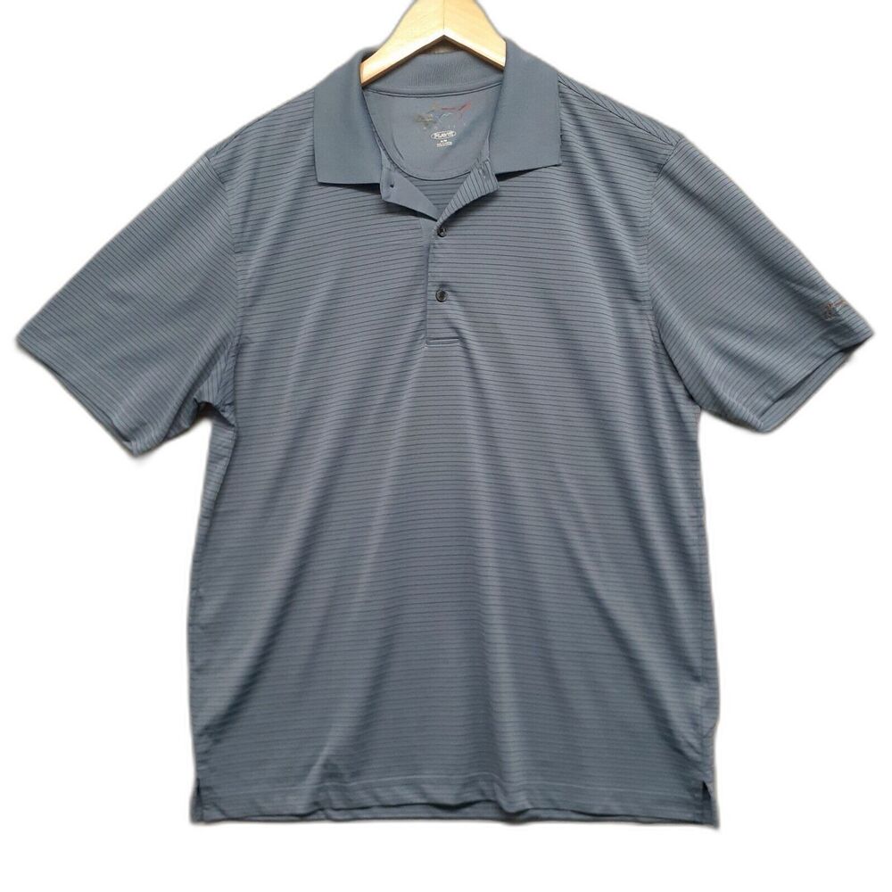 Greg Norman Mens Size M Play Dry Shirt Gray Black Thin Striped Print Polo